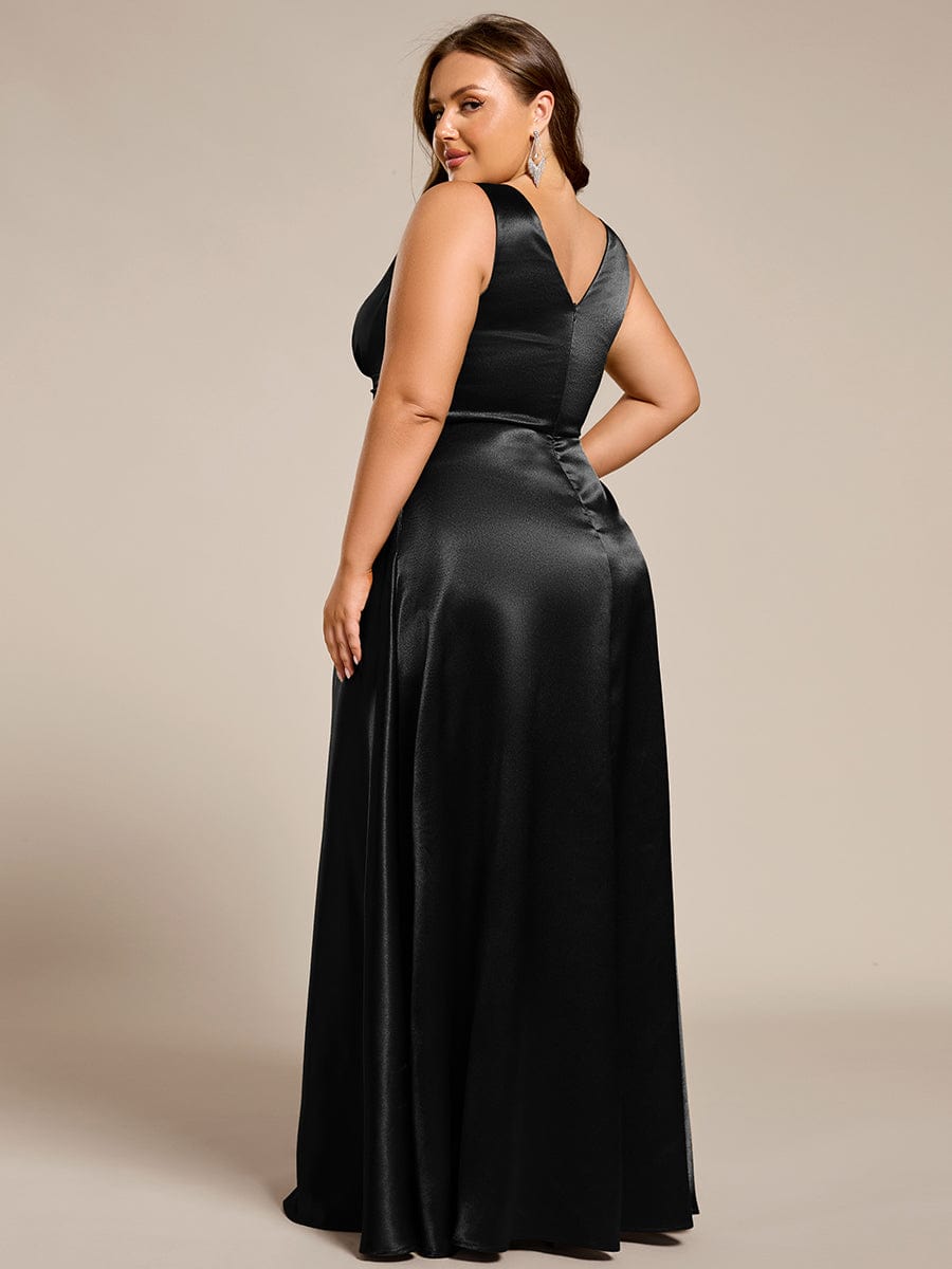 Sleeveless Empire Waist Satin Maxi Dress With Pockets in Black #color_Black