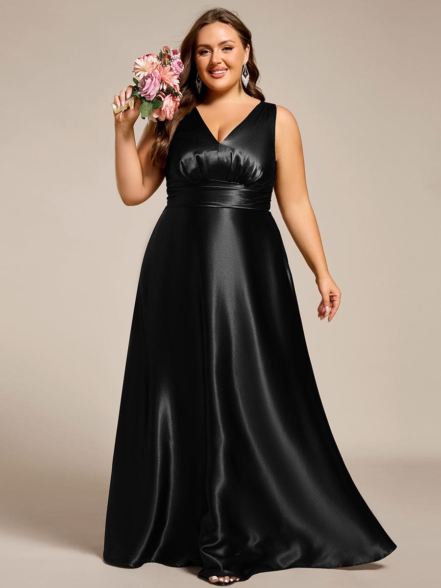 Sleeveless Empire Waist Satin Maxi Dress With Pockets in Black #color_Black