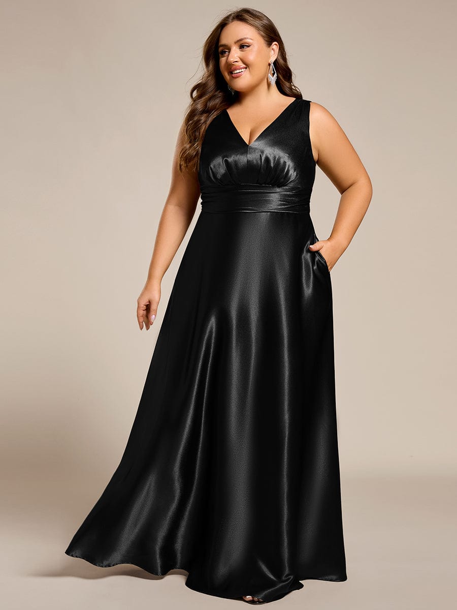 Sleeveless Empire Waist Satin Maxi Dress With Pockets in Black #color_Black