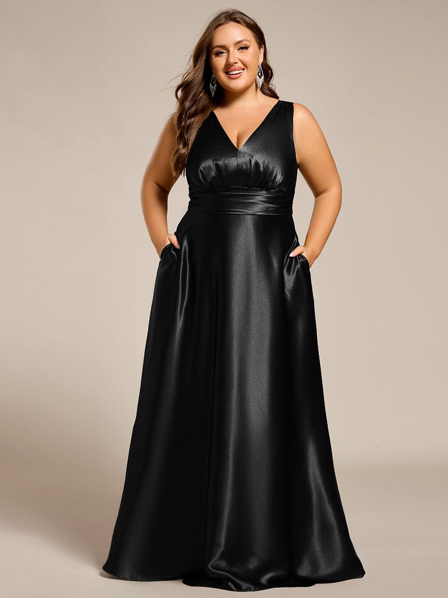 Sleeveless Empire Waist Satin Maxi Dress With Pockets in Black #color_Black