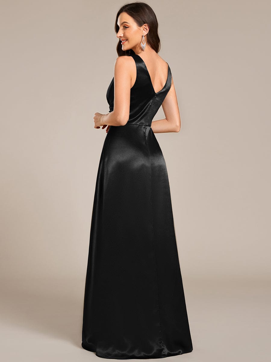 Sleeveless Empire Waist Satin Maxi Dress With Pockets in Black #color_Black