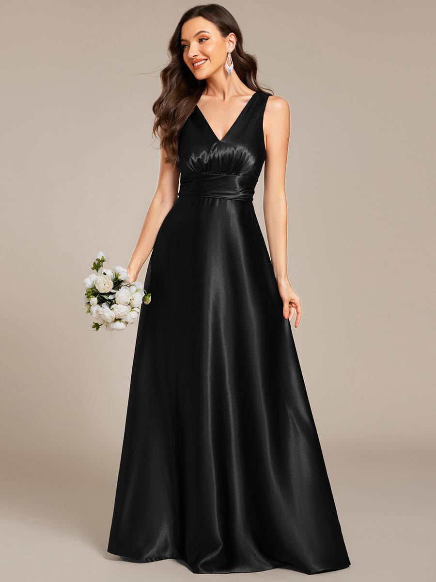 Sleeveless Empire Waist Satin Maxi Dress With Pockets in Black #color_Black