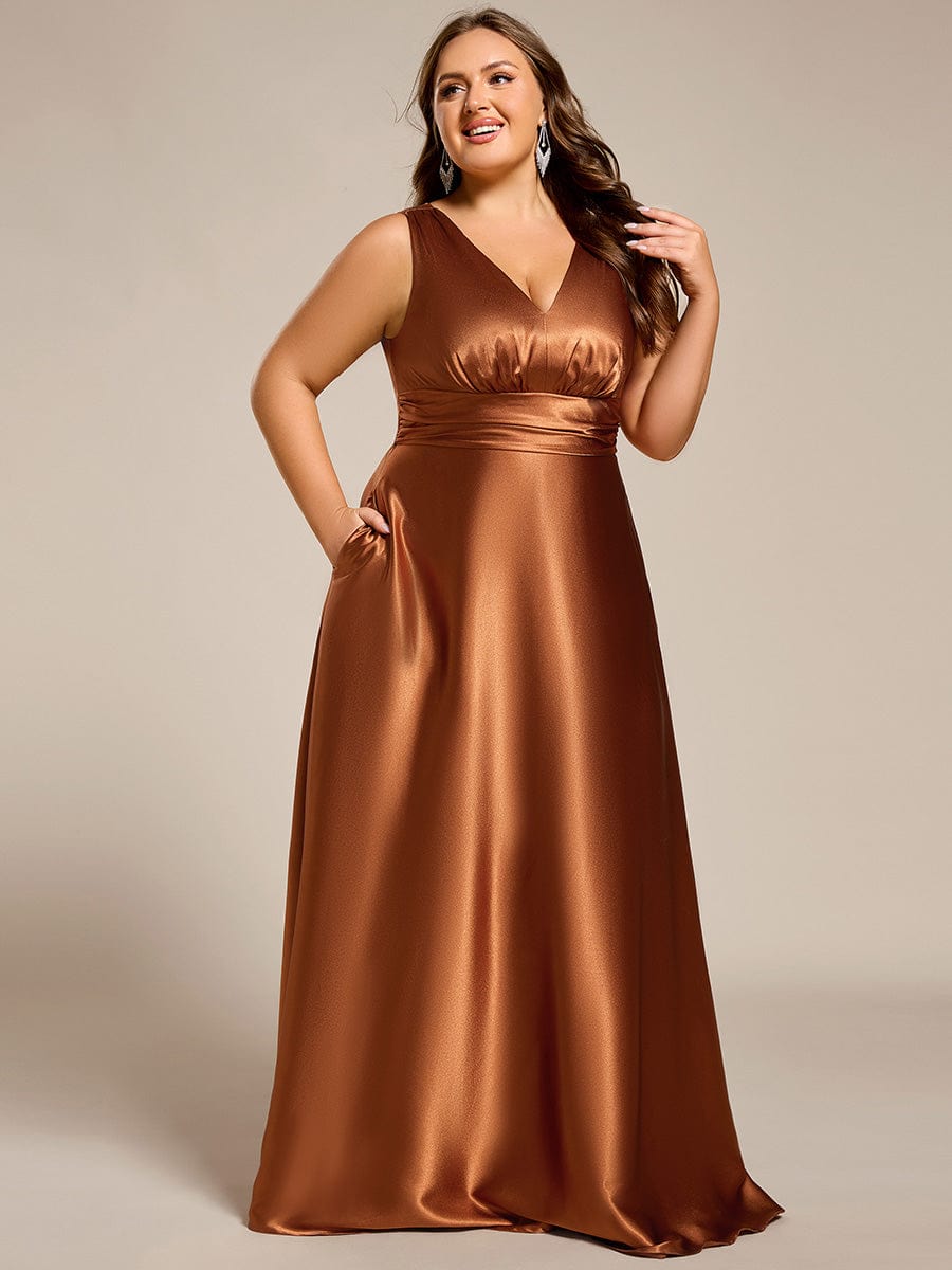 Sleeveless Empire Waist Satin Maxi Bridesmaid Dress With Pockets #color_Copper