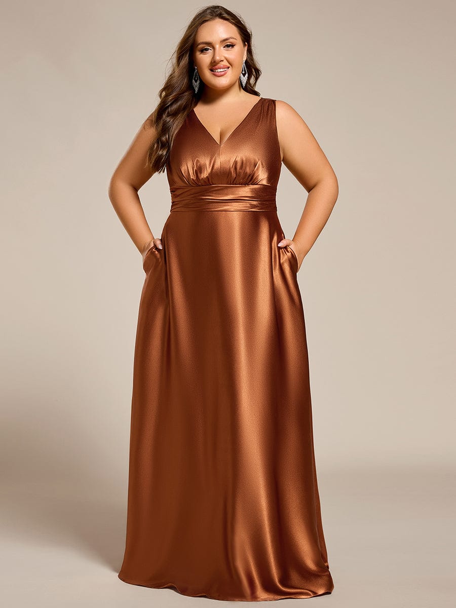 Sleeveless Empire Waist Satin Maxi Bridesmaid Dress With Pockets #color_Copper