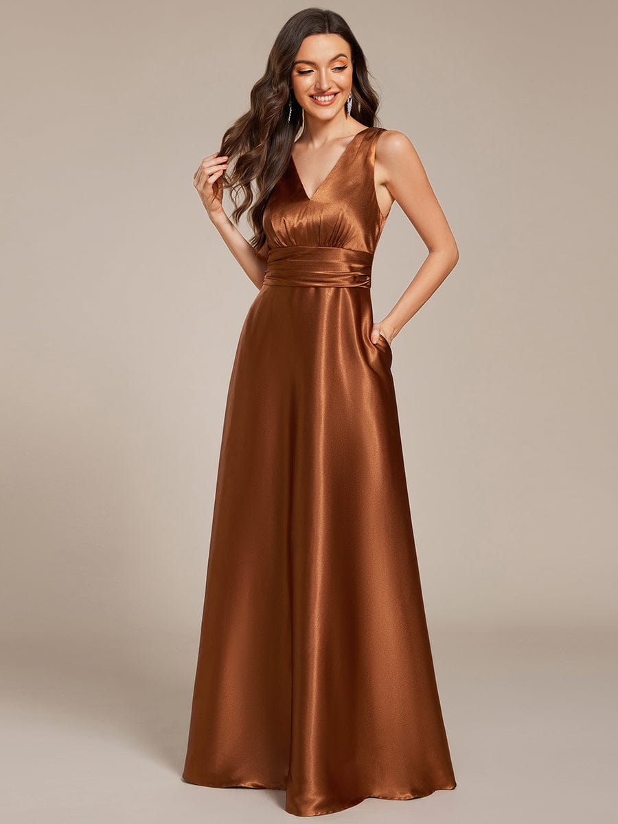 Sleeveless Empire Waist Satin Maxi Bridesmaid Dress With Pockets #color_Copper