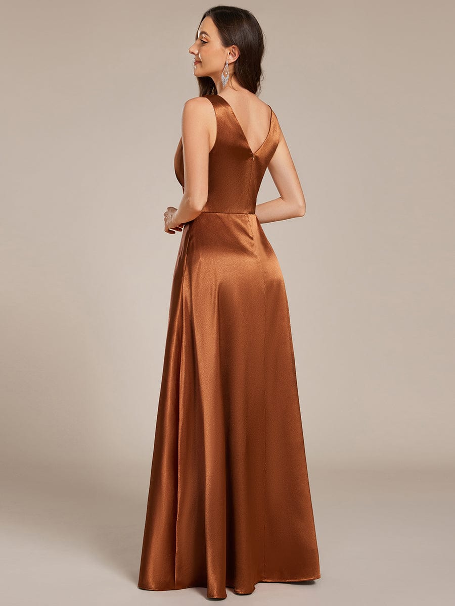 Sleeveless Empire Waist Satin Maxi Bridesmaid Dress With Pockets #color_Copper