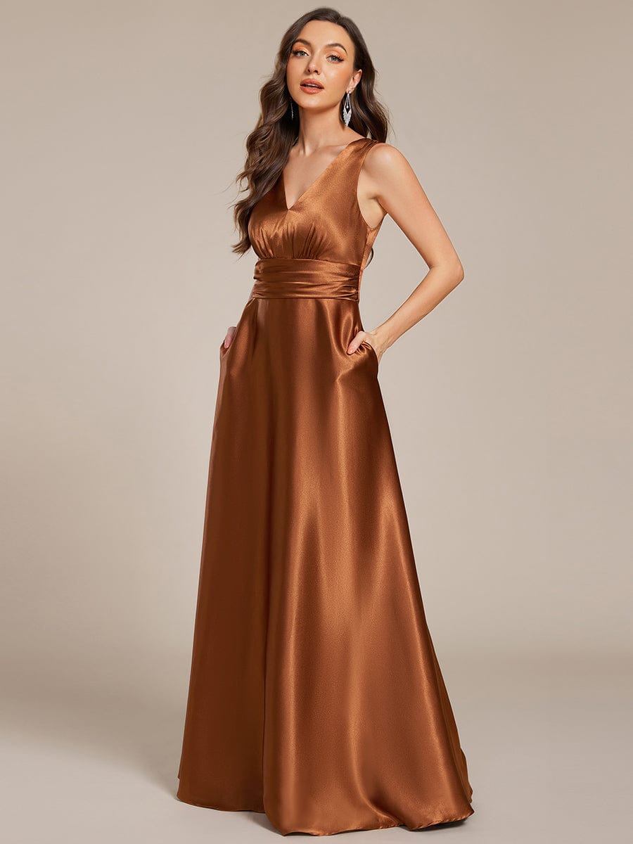 Sleeveless Empire Waist Satin Maxi Bridesmaid Dress With Pockets #color_Copper