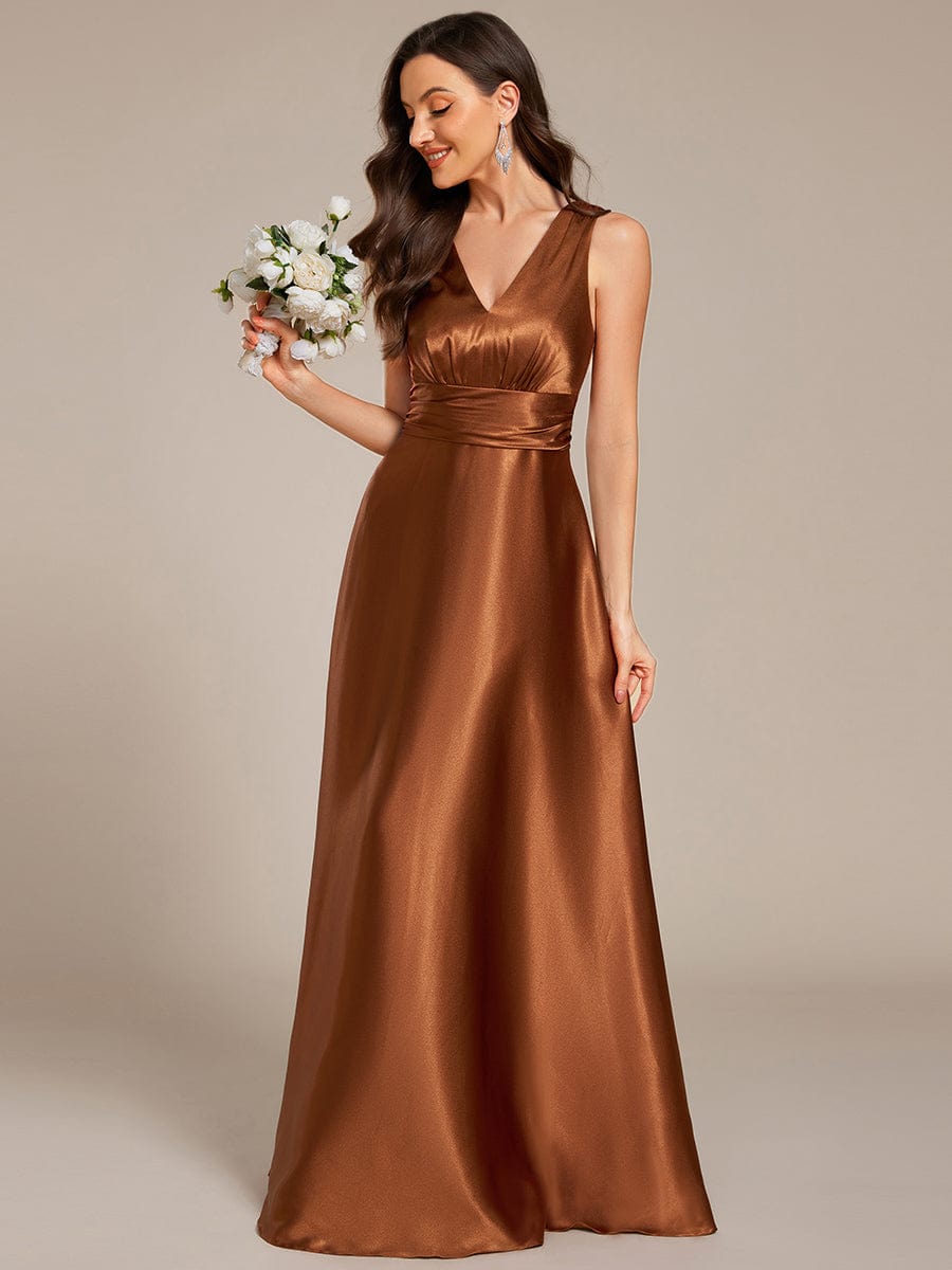 Sleeveless Empire Waist Satin Maxi Bridesmaid Dress With Pockets #color_Copper