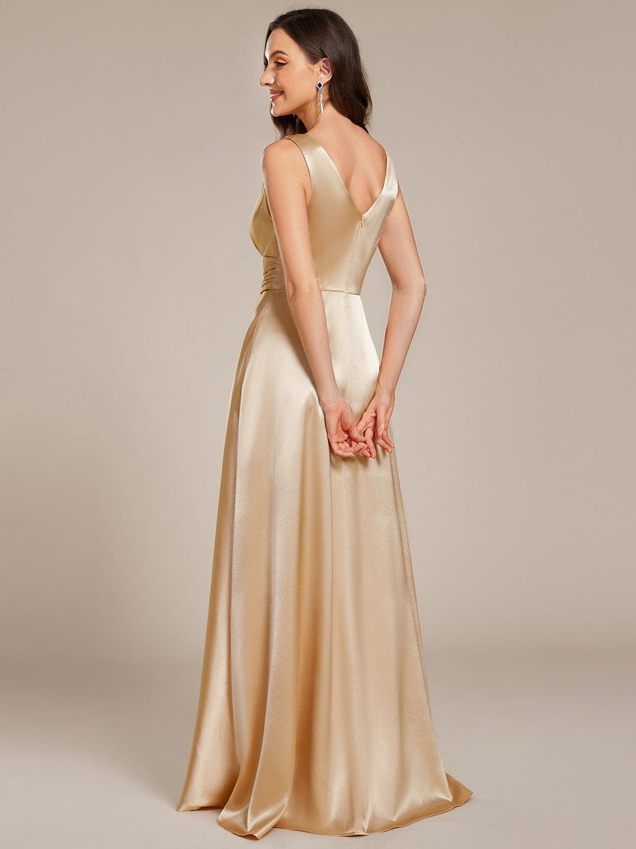 Sleeveless Empire Waist Satin Maxi Bridesmaid Dress With Pockets #color_Champagne