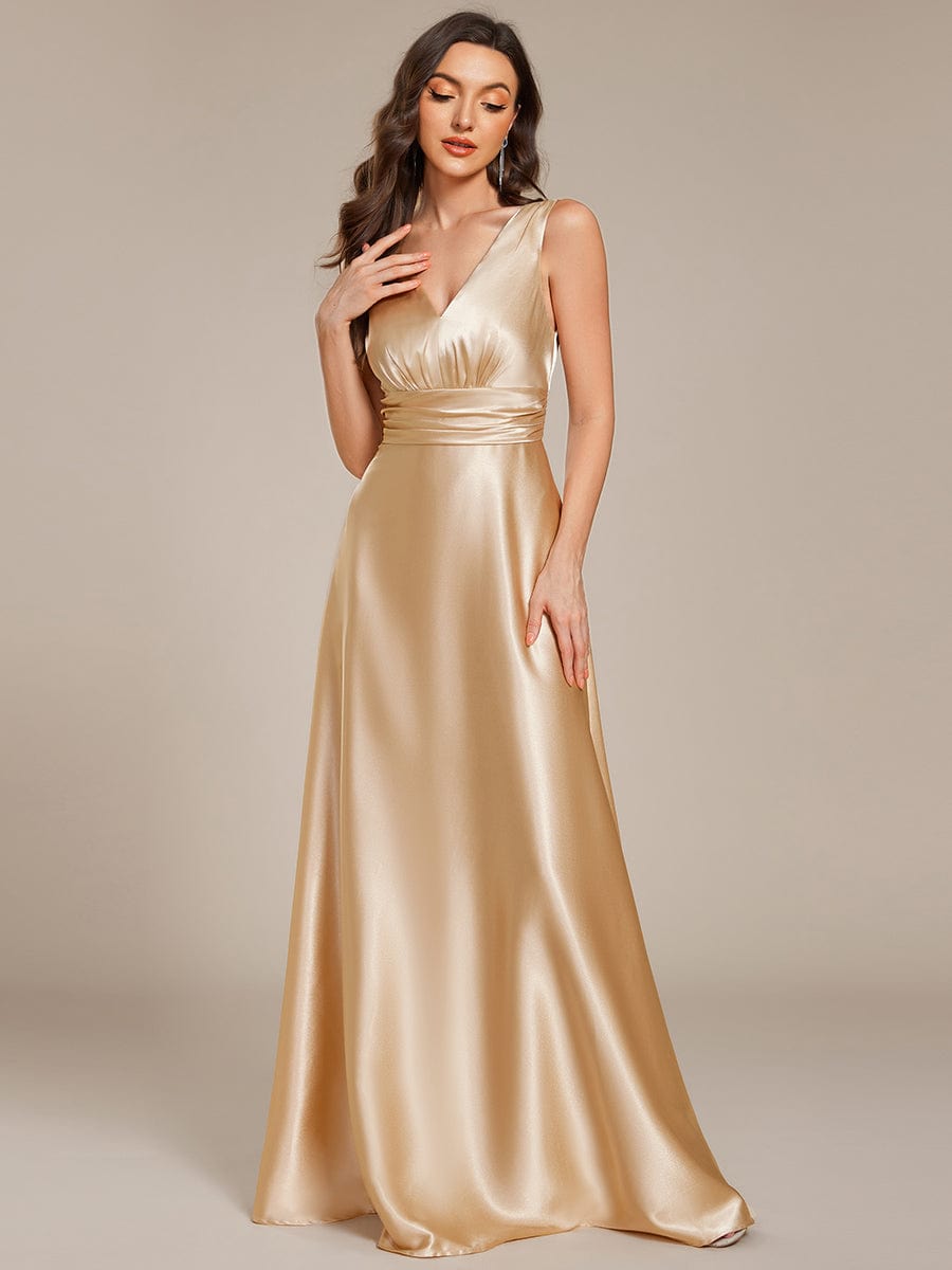 Sleeveless Empire Waist Satin Maxi Bridesmaid Dress With Pockets #color_Champagne