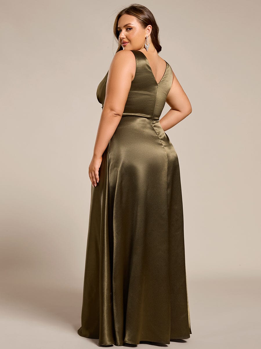 Sleeveless Empire Waist Satin Maxi Bridesmaid Dress With Pockets #color_Olive Green