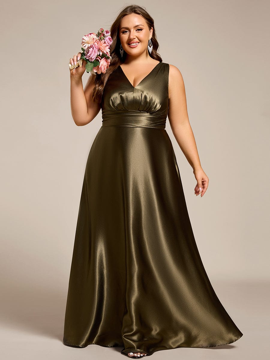 Sleeveless Empire Waist Satin Maxi Bridesmaid Dress With Pockets #color_Olive Green