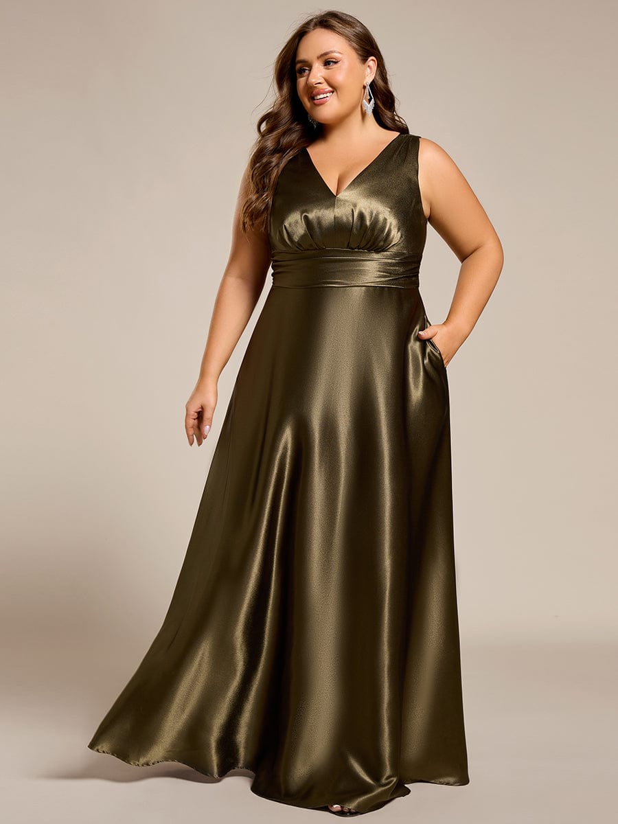 Sleeveless Empire Waist Satin Maxi Bridesmaid Dress With Pockets #color_Olive Green