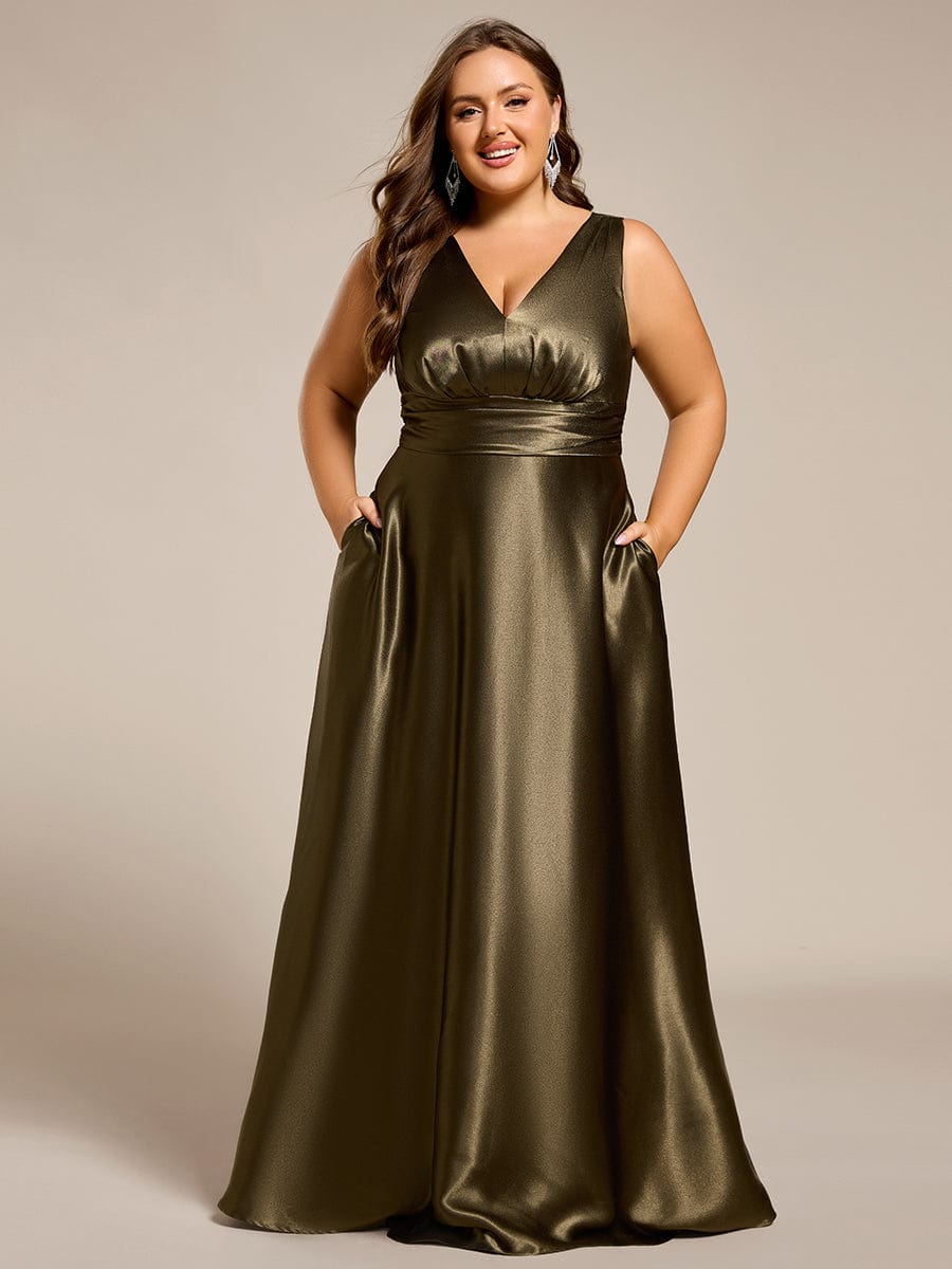 Sleeveless Empire Waist Satin Maxi Bridesmaid Dress With Pockets #color_Olive Green