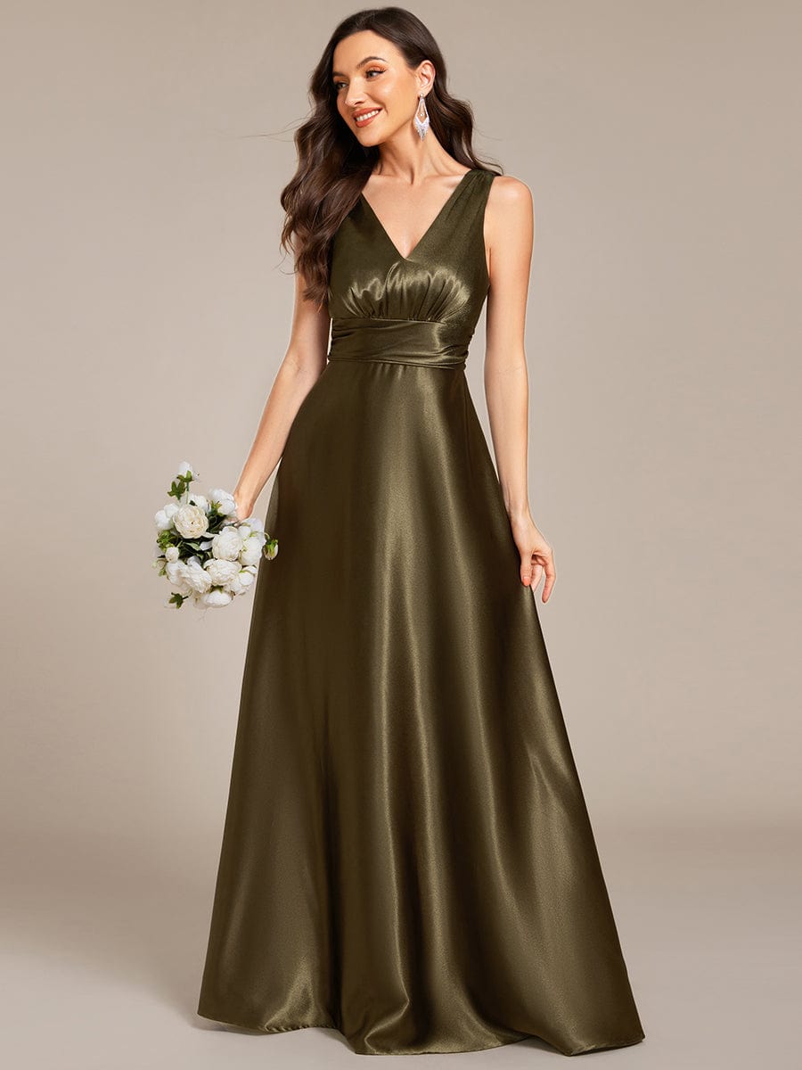 Sleeveless Empire Waist Satin Maxi Bridesmaid Dress With Pockets #color_Olive Green