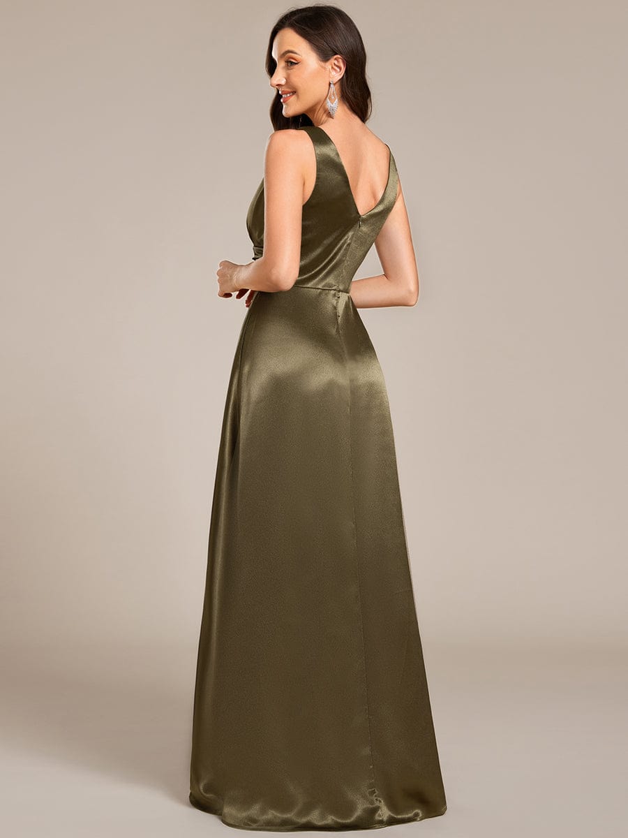 Sleeveless Empire Waist Satin Maxi Bridesmaid Dress With Pockets #color_Olive Green