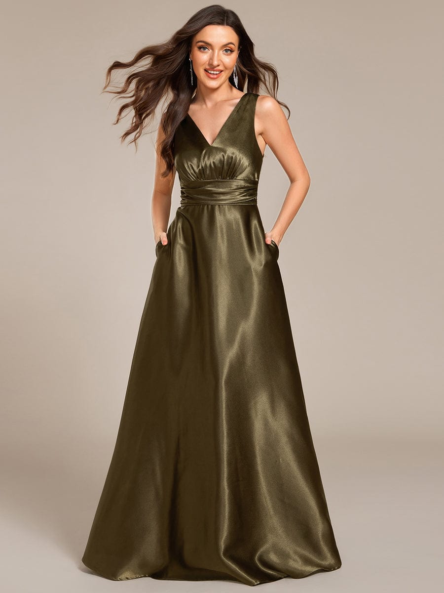 Sleeveless Empire Waist Satin Maxi Bridesmaid Dress With Pockets #color_Olive Green