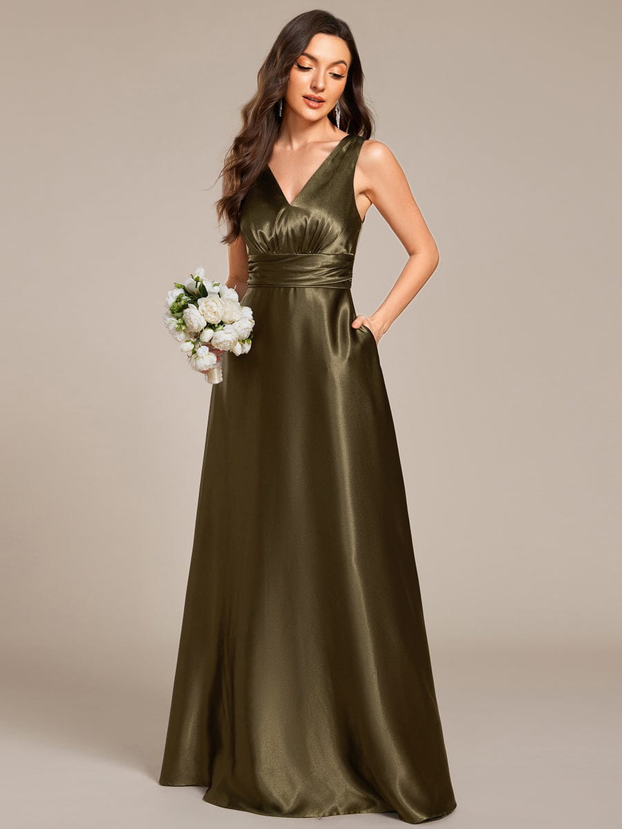 Sleeveless Empire Waist Satin Maxi Bridesmaid Dress With Pockets #color_Olive Green