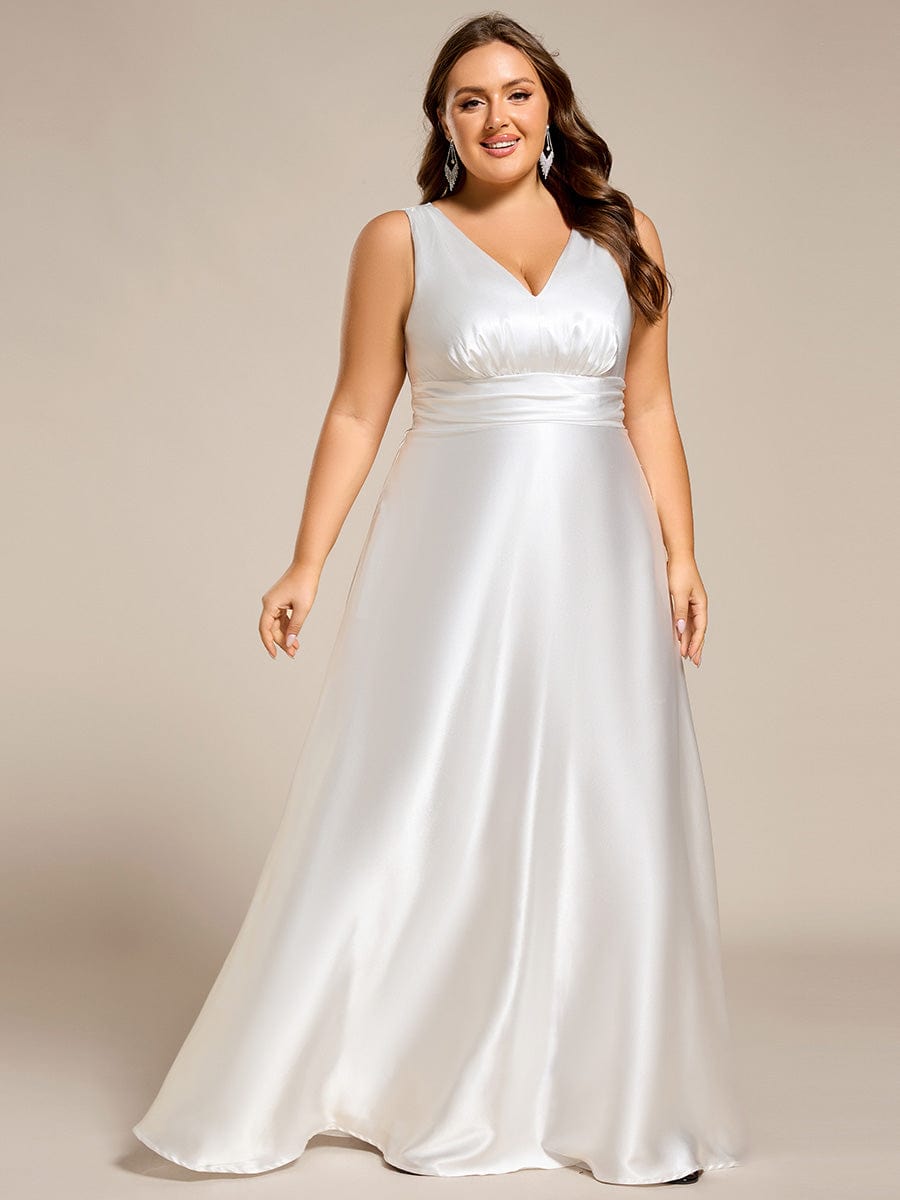 Sleeveless Empire Waist Satin Maxi Bridesmaid Dress With Pockets #color_White