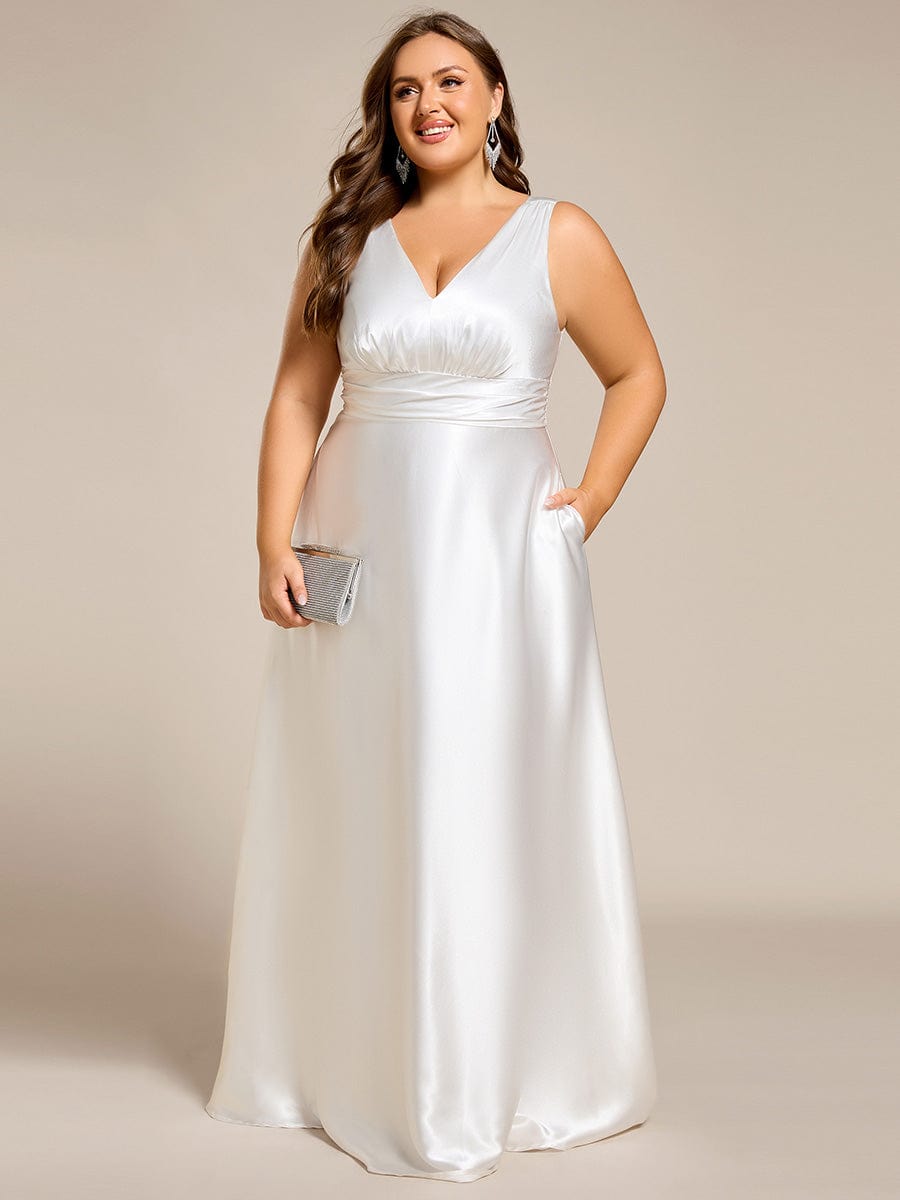 Sleeveless Empire Waist Satin Maxi Bridesmaid Dress With Pockets #color_White