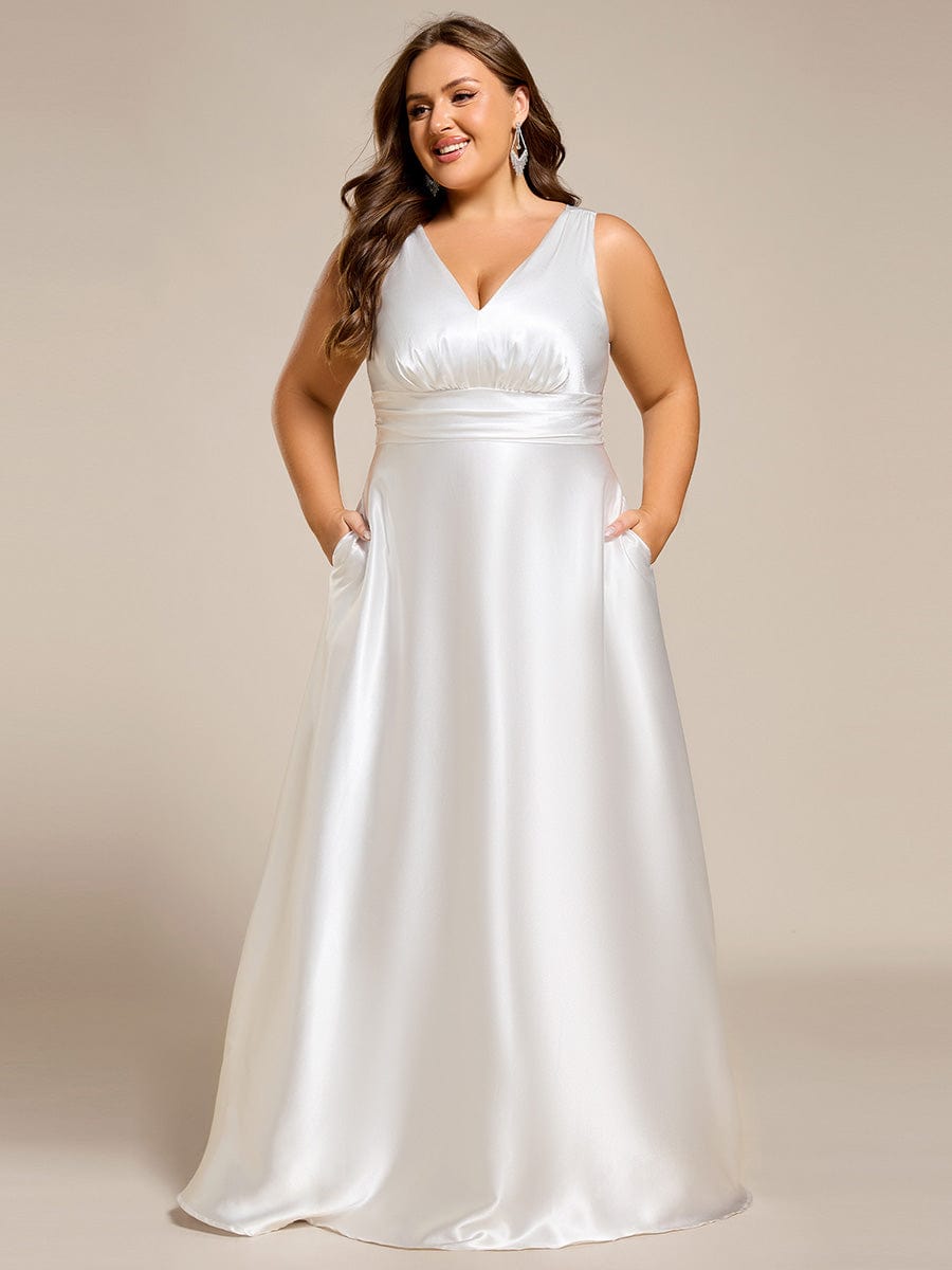 Sleeveless Empire Waist Satin Maxi Bridesmaid Dress With Pockets #color_White