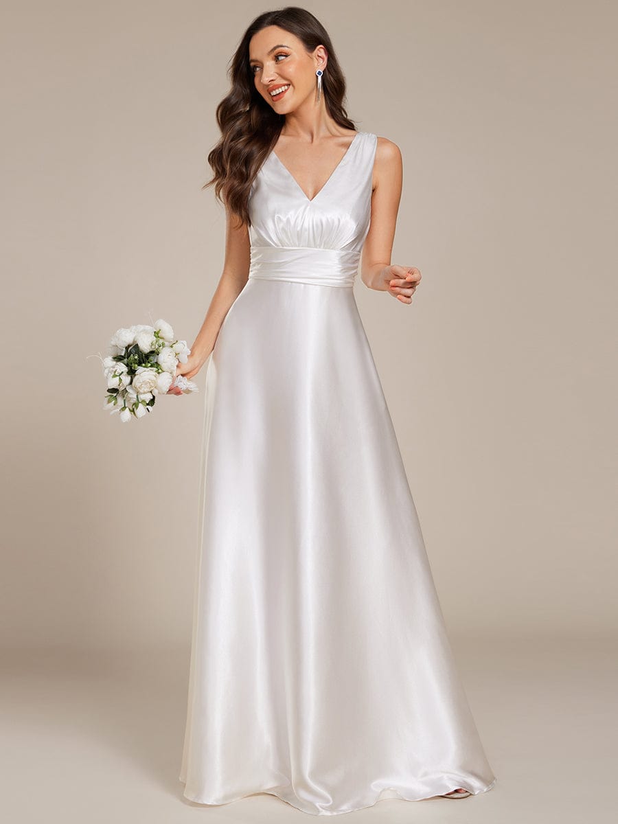 Sleeveless Empire Waist Satin Maxi Bridesmaid Dress With Pockets #color_White