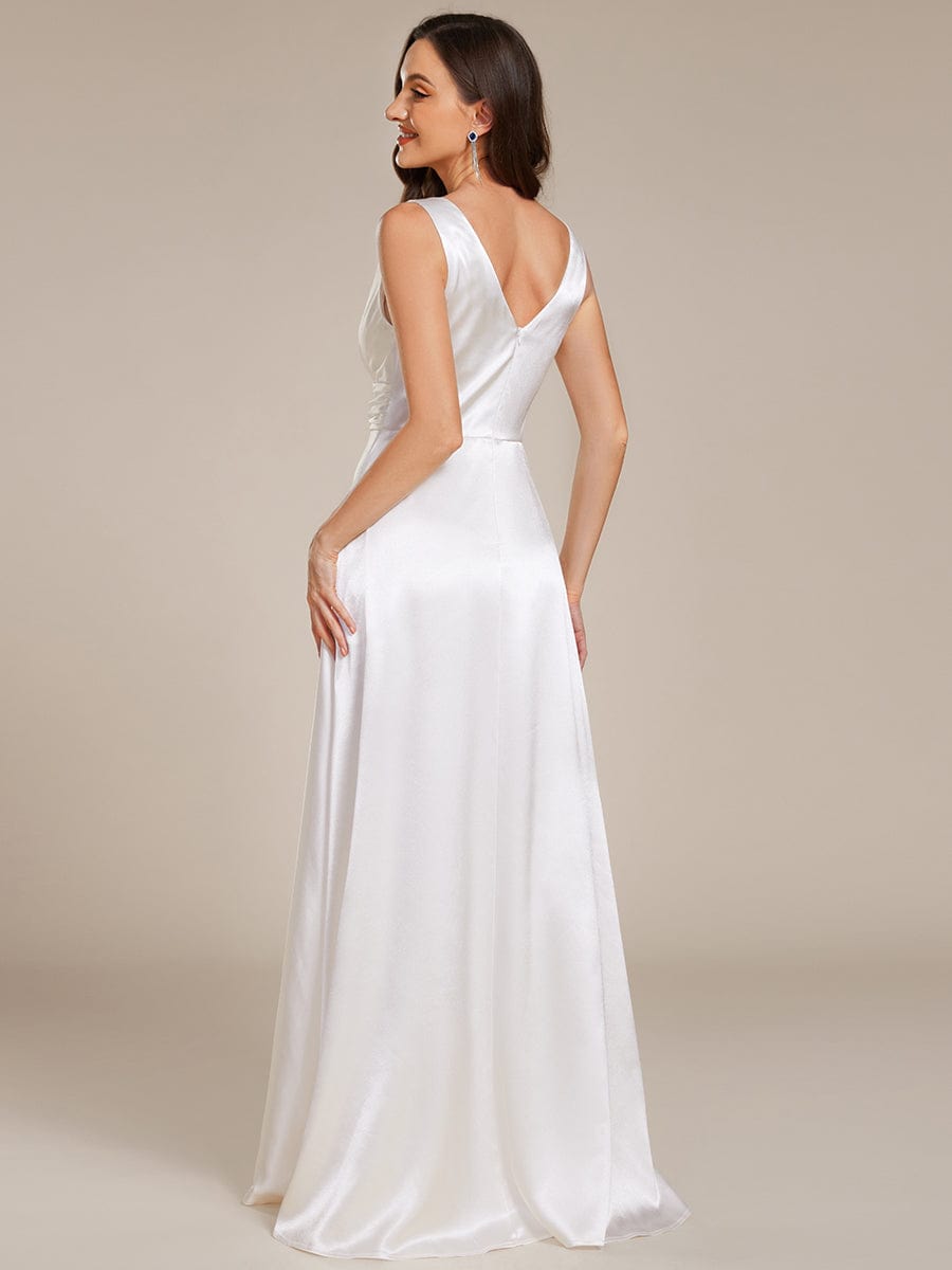 Sleeveless Empire Waist Satin Maxi Bridesmaid Dress With Pockets #color_White