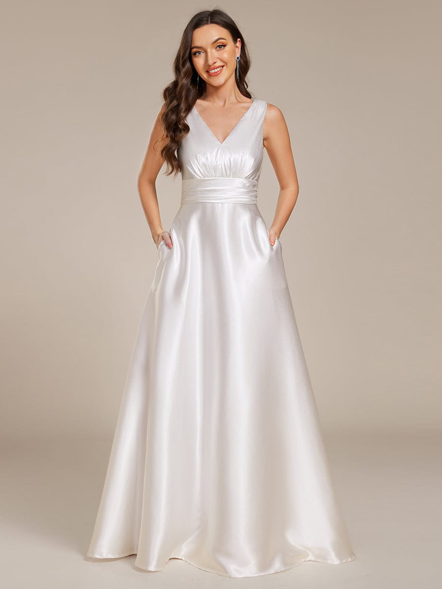 Sleeveless Empire Waist Satin Maxi Bridesmaid Dress With Pockets #color_White