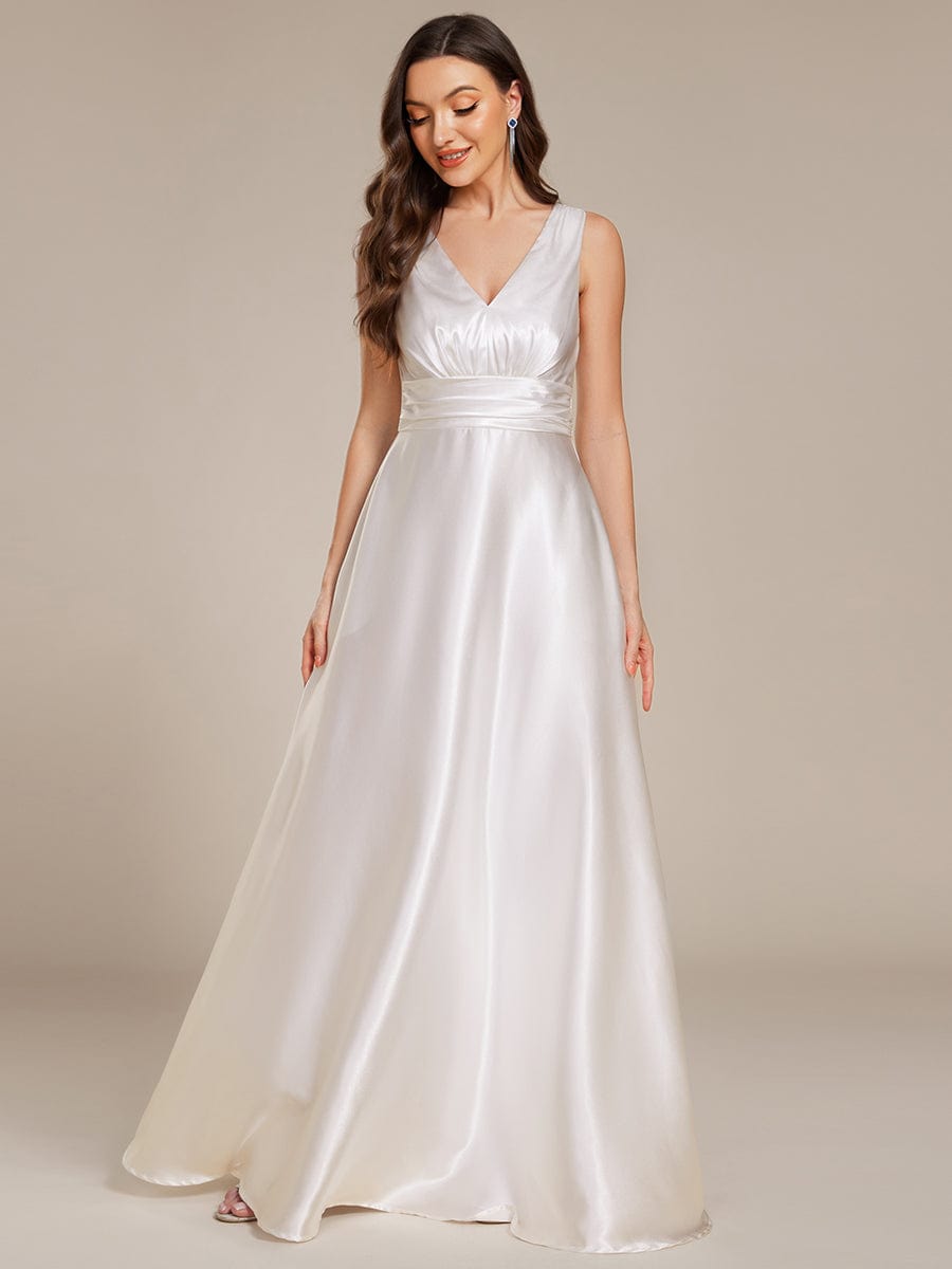 Sleeveless Empire Waist Satin Maxi Bridesmaid Dress With Pockets #color_White