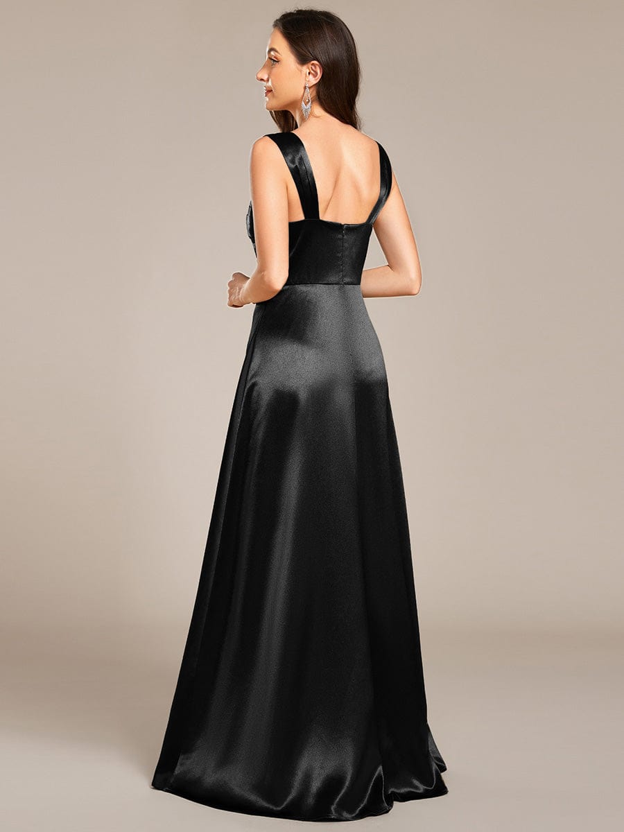 Square Neck Satin Maxi Dress with Slit in Black #color_Black