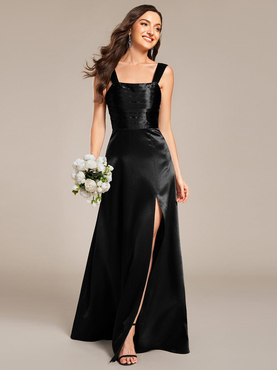 Square Neck Satin Maxi Dress with Slit in Black #color_Black