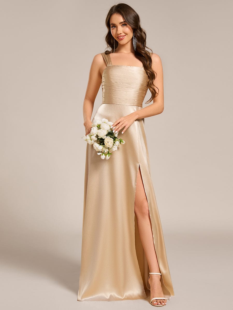 Square Neck Satin Maxi Bridesmaid Dress with Slit #color_Champagne