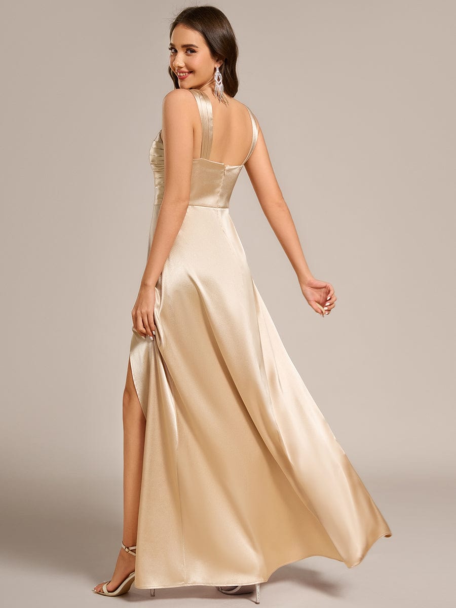 Square Neck Satin Maxi Bridesmaid Dress with Slit #color_Champagne