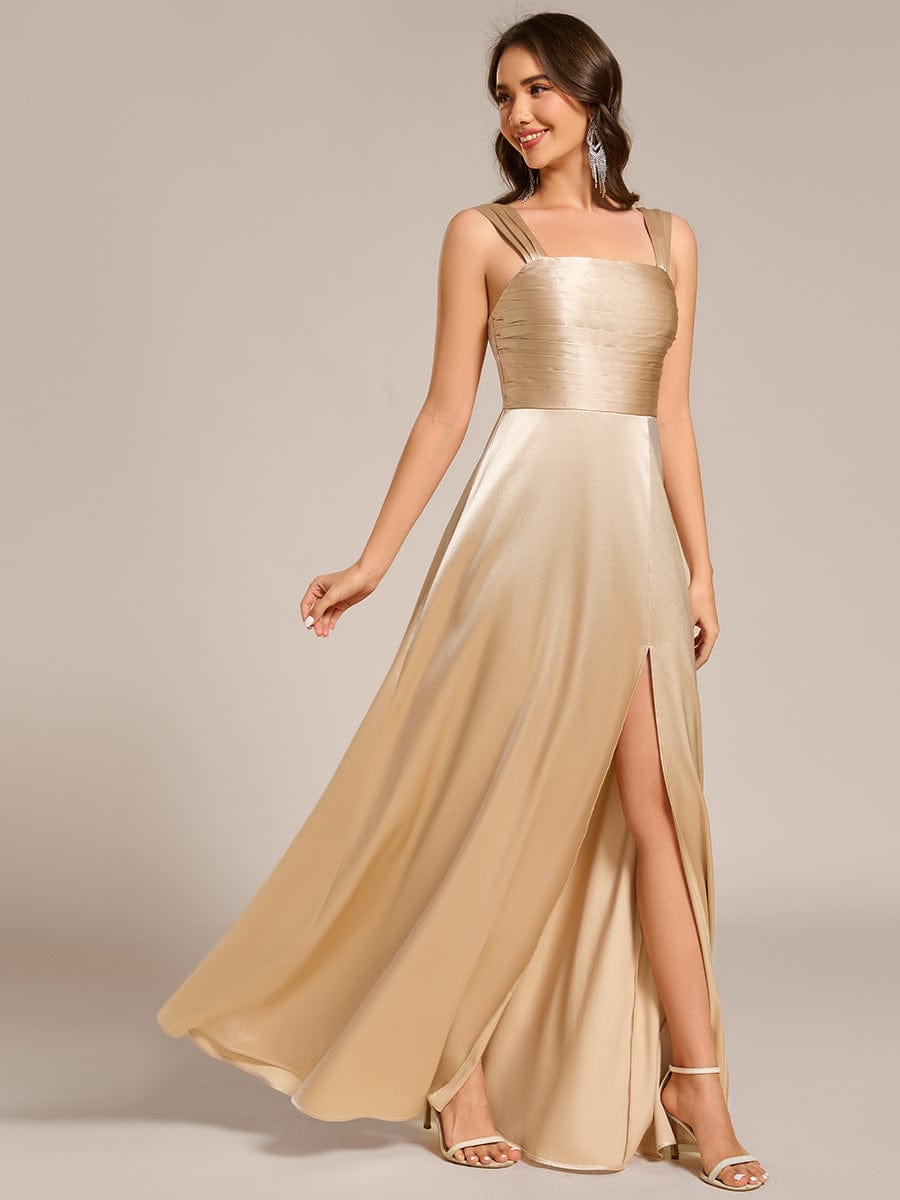 Square Neck Satin Maxi Bridesmaid Dress with Slit #color_Champagne