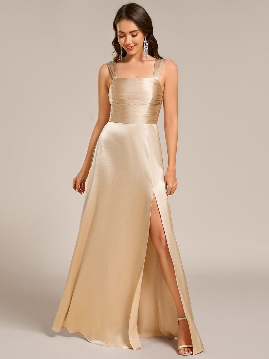 Square Neck Satin Maxi Bridesmaid Dress with Slit #color_Champagne