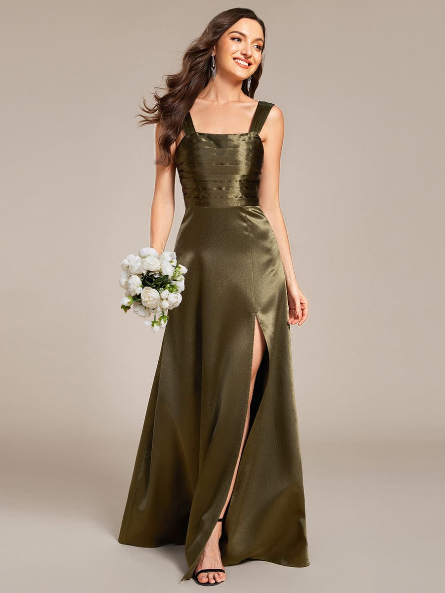 Square Neck Satin Maxi Bridesmaid Dress with Slit #color_Olive Green