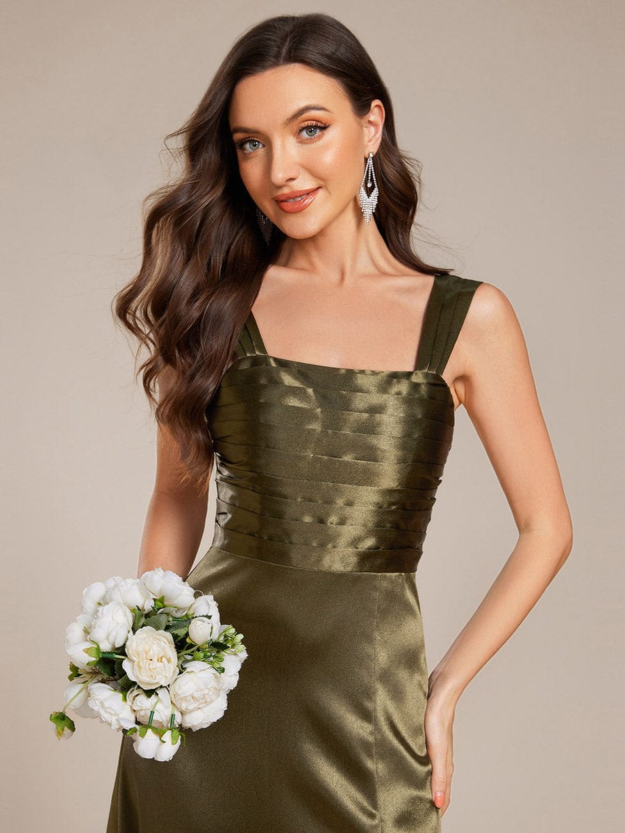 Square Neck Satin Maxi Bridesmaid Dress with Slit #color_Olive Green