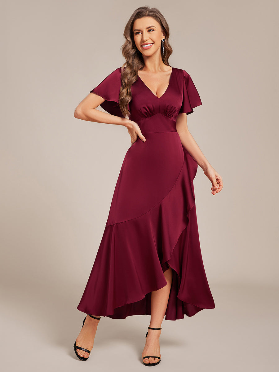 Elegant A-Line Satin Ruched High-Low Bridesmaid Dress #color_Burgundy