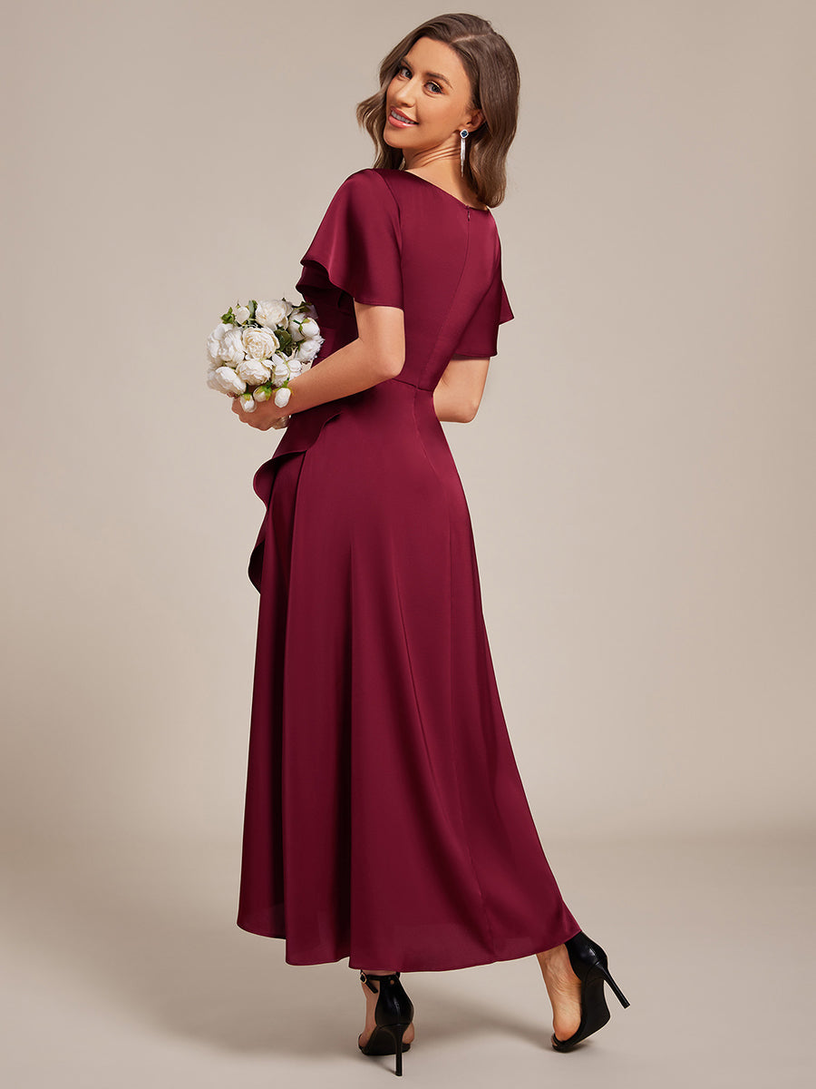 Elegant A-Line Satin Ruched High-Low Bridesmaid Dress #color_Burgundy