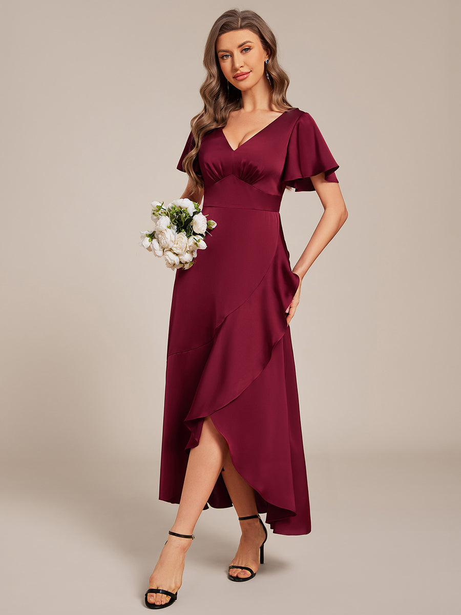 Elegant A-Line Satin Ruched High-Low Bridesmaid Dress #color_Burgundy