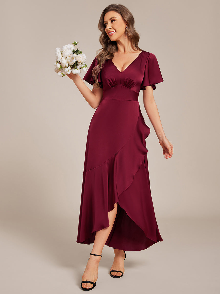 Elegant A-Line Satin Ruched High-Low Bridesmaid Dress #color_Burgundy