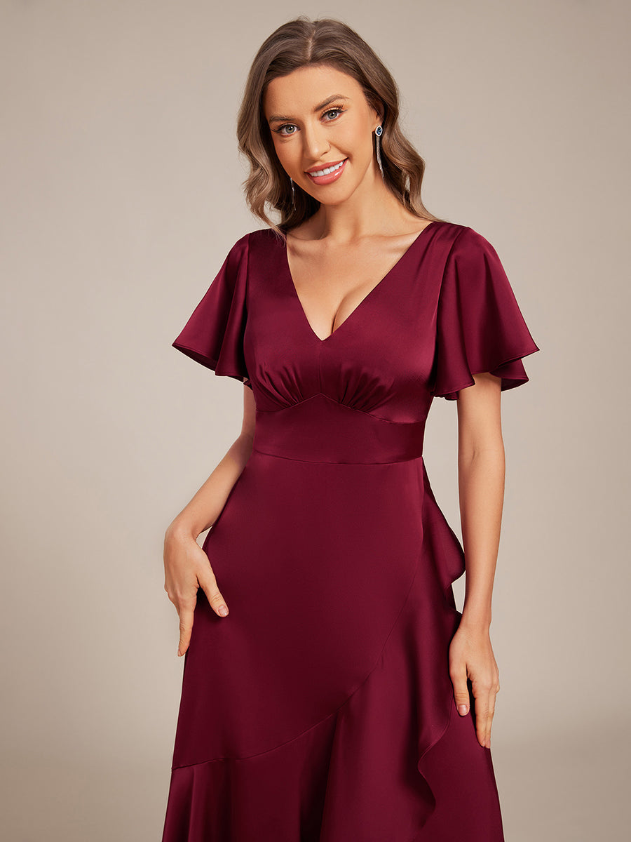 Elegant A-Line Satin Ruched High-Low Bridesmaid Dress #color_Burgundy