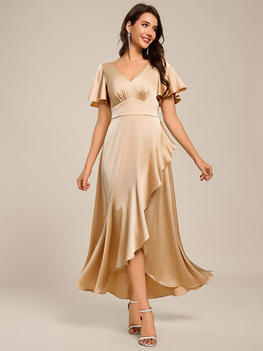 Elegant A-Line Satin Ruched High-Low Bridesmaid Dress #color_Champagne