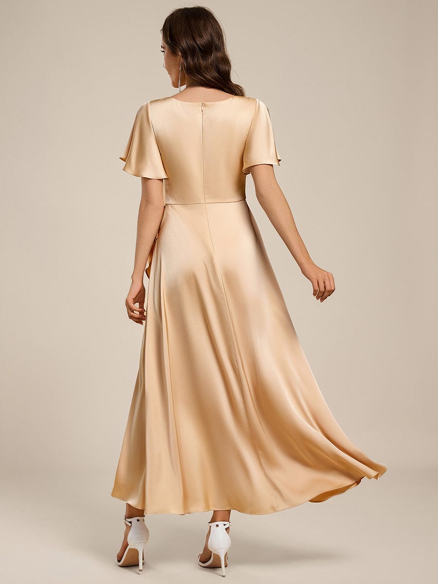 Elegant A-Line Satin Ruched High-Low Bridesmaid Dress #color_Champagne