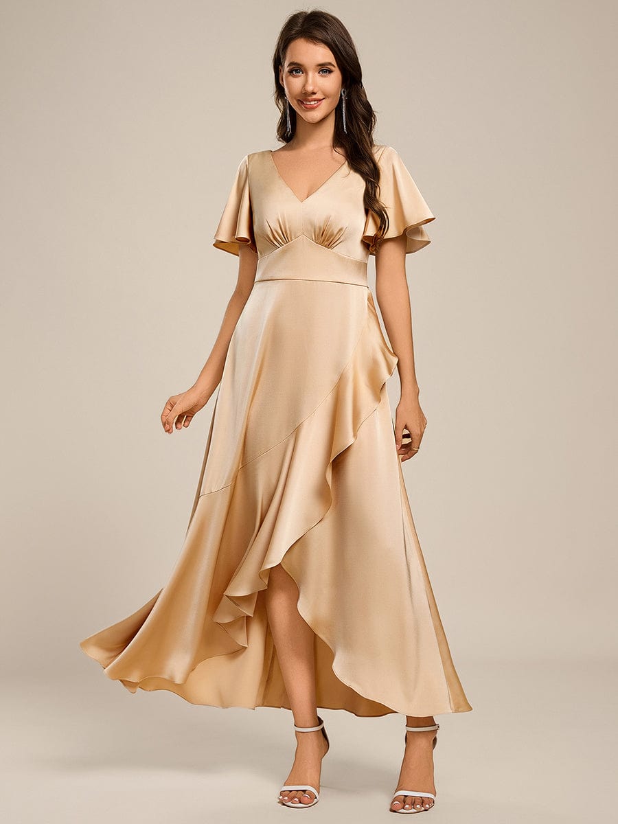 Elegant A-Line Satin Ruched High-Low Bridesmaid Dress #color_Champagne