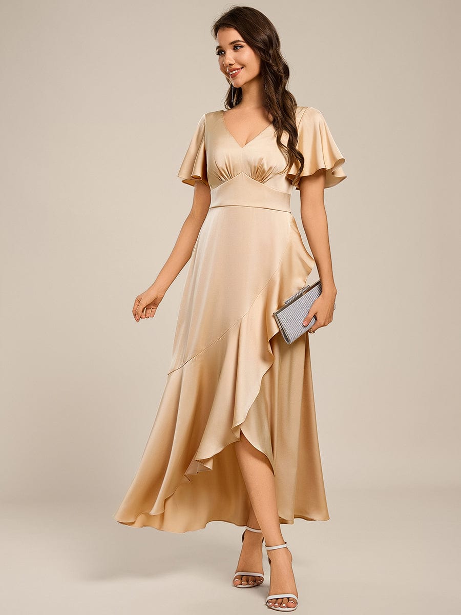 Elegant A-Line Satin Ruched High-Low Bridesmaid Dress #color_Champagne