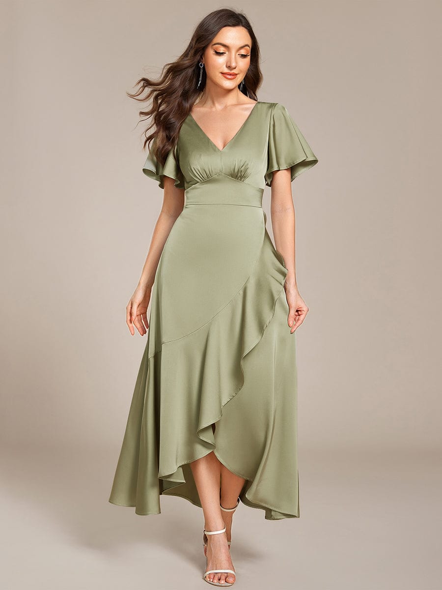 Elegant A-Line Satin Ruched High-Low Bridesmaid Dress #color_Sage Green