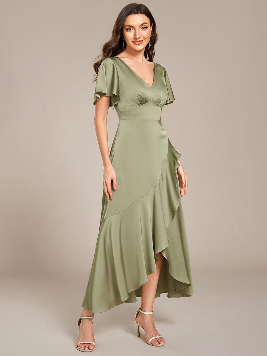 Elegant A-Line Satin Ruched High-Low Bridesmaid Dress #color_Sage Green