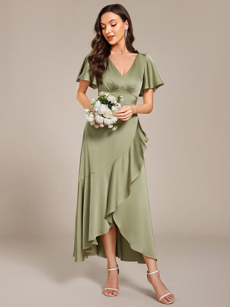 Elegant A-Line Satin Ruched High-Low Bridesmaid Dress #color_Sage Green