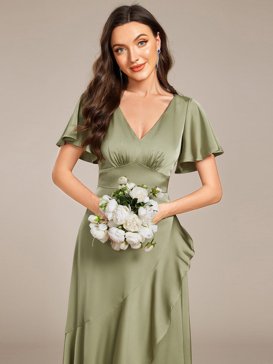 Elegant A-Line Satin Ruched High-Low Bridesmaid Dress #color_Sage Green